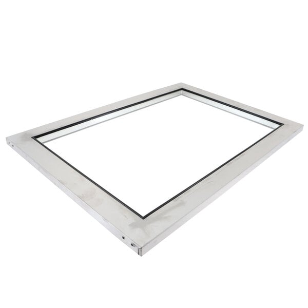 A rectangular white frame with black trim holding a square glass window.