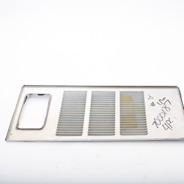 A metal rectangular front panel with a number of holes on it.