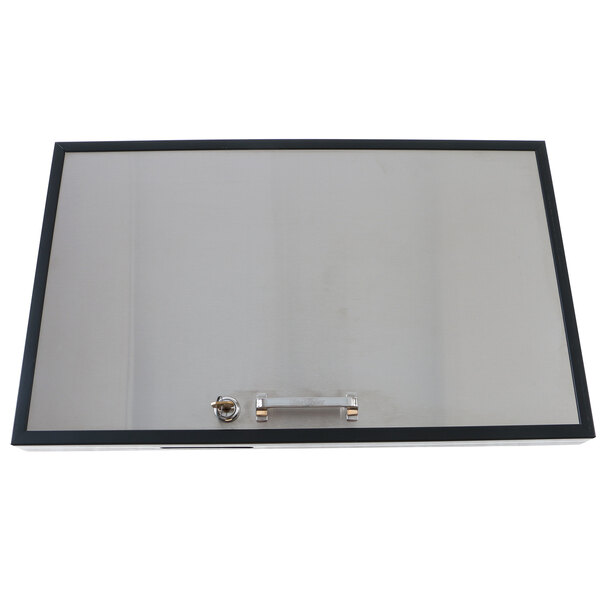 A white rectangular glass door with a black border and handle.