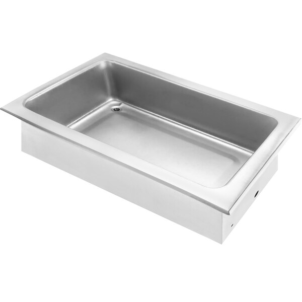 An APW Wyott stainless steel hot water pan with a lid in a drop-in countertop.