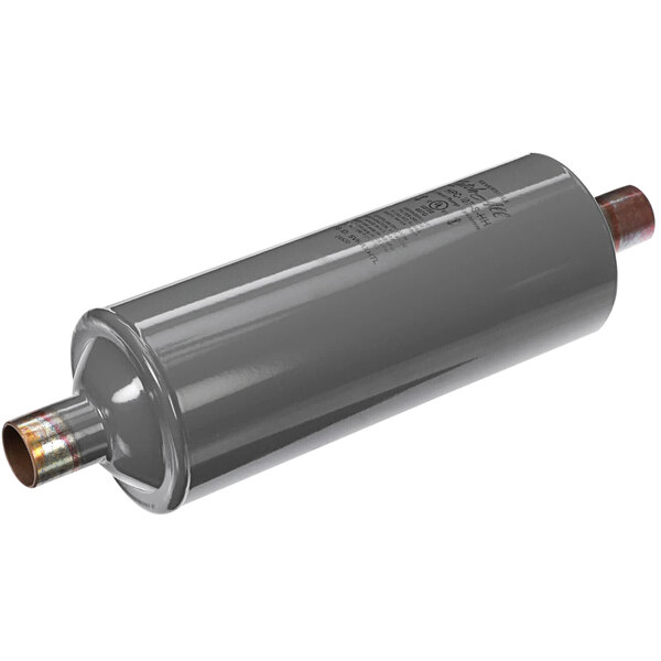 A grey cylinder with a metal label on a white background.