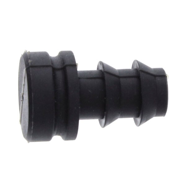 A black plastic pipe connector with a black cap.