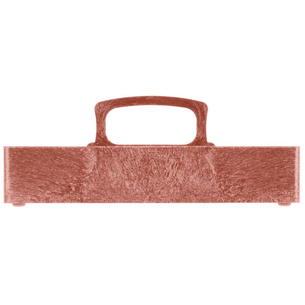 A paprika polyethylene 4 bin condiment organizer with a brown handle.