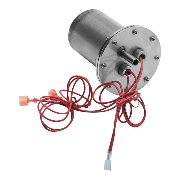 A round metal cylinder with red and white wires and a metal motor inside.