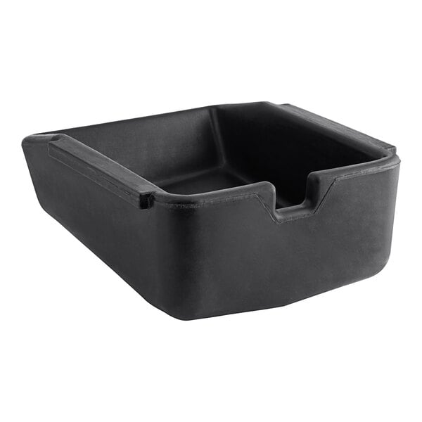 A black plastic drain pan with a handle.