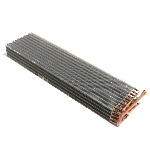 A close-up of a Master-Bilt evaporator coil with copper wires on it.
