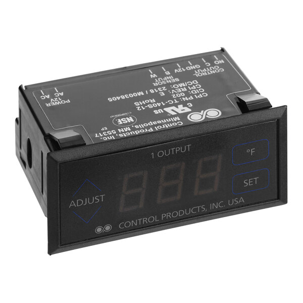 A digital thermostat control unit with an LED display and adjustment buttons.