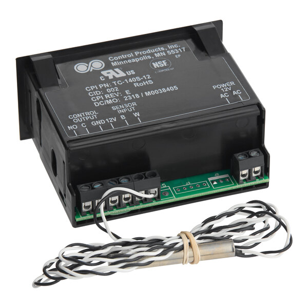 A digital thermostat control unit with a wired temperature sensor.