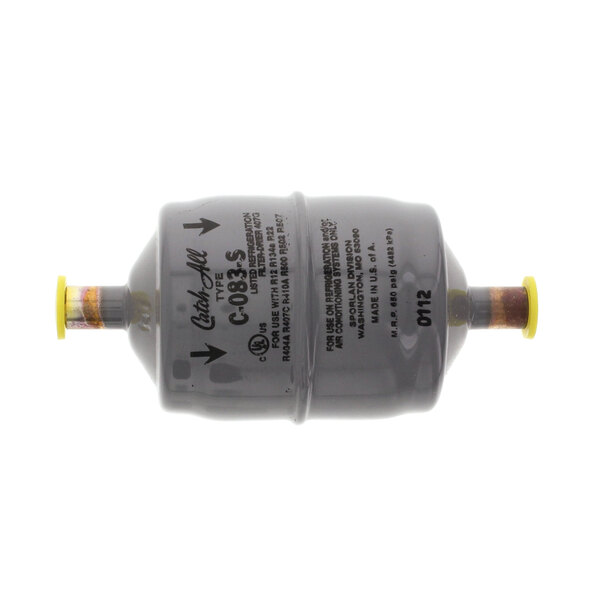 A grey plastic cylinder with yellow caps, the Norlake 094367 filter drier.