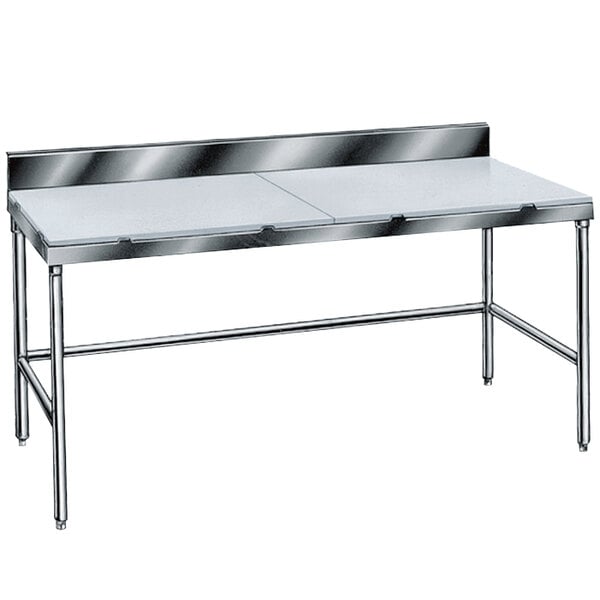 An Advance Tabco poly work table with a white top and stainless steel base.