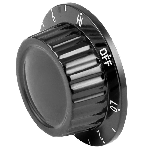 A black APW Wyott knob with white text over a black dial.