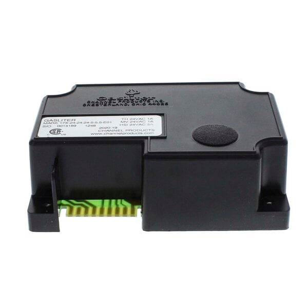 A close-up of a black NU-VU Hot Surface Ignition control module with a white label.