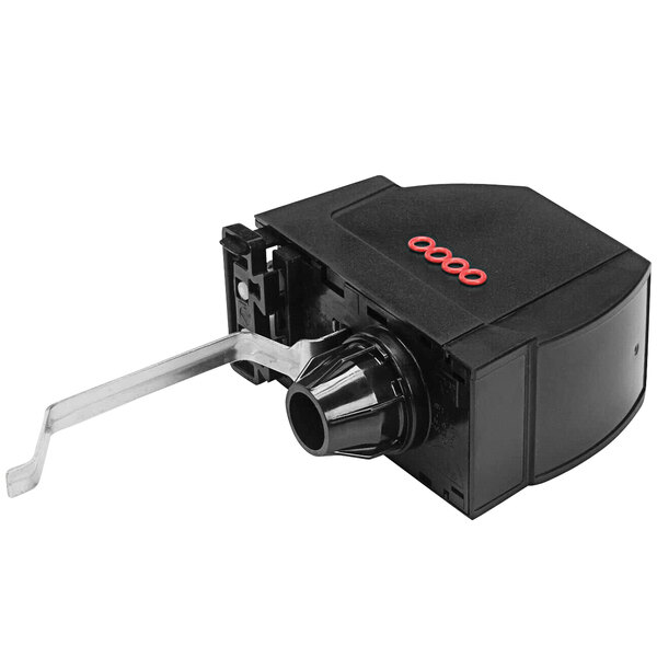 A black Cornelius valve with a metal lever and red button.