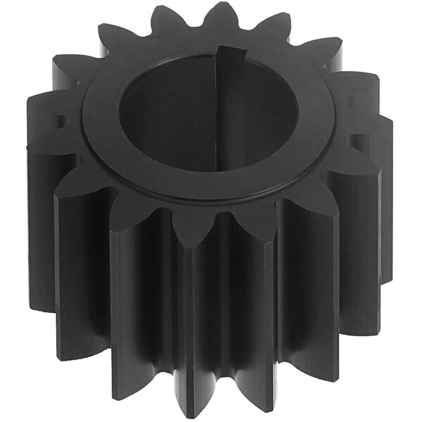 A black Varimixer rim pinion gear with a hole.