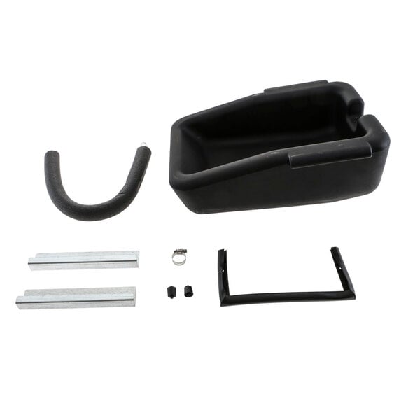 A black plastic drain pan with metal parts for a Manitowoc Ice beverage dispenser.