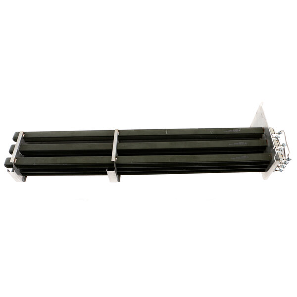 A black metal rack with two metal rods.