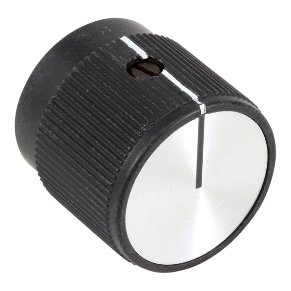 A black and silver Hatco heat control knob with a white stripe.