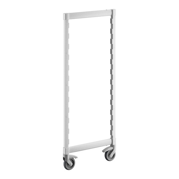 A white rectangular frame with wheels.