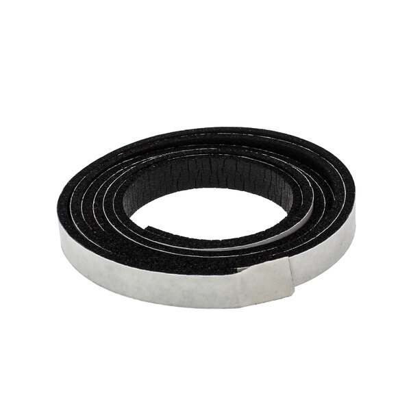 A roll of black rubber gasket with a silver metal strip on the side.