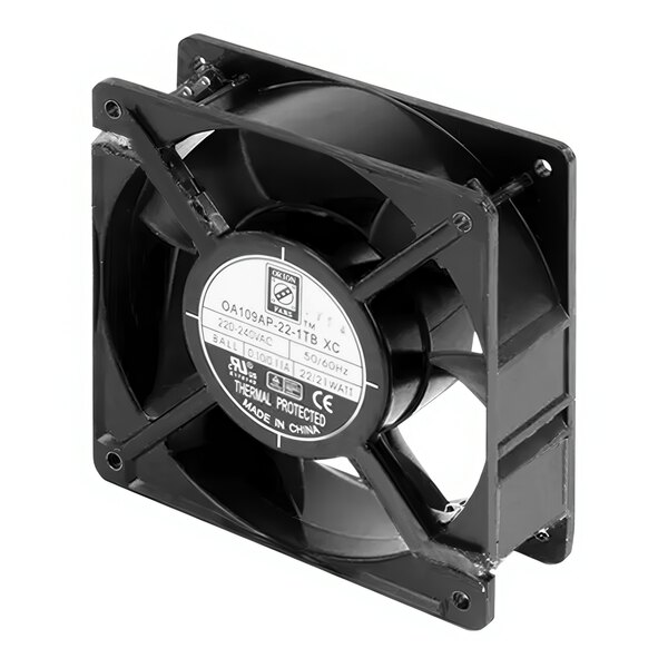 A black TurboChef axial fan with white text on the label.