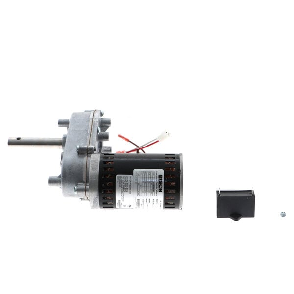 A close-up of a Servend Gear Motor with wires and a screw.