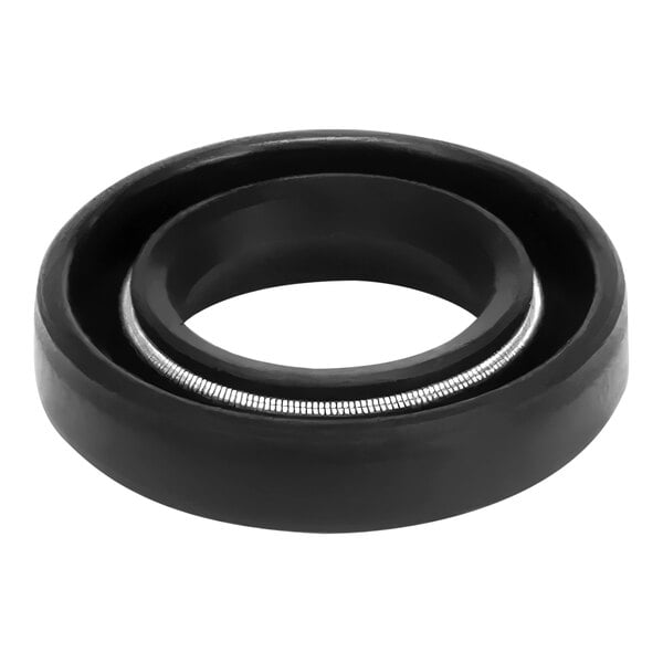 A black rubber seal with a silver metal ring.
