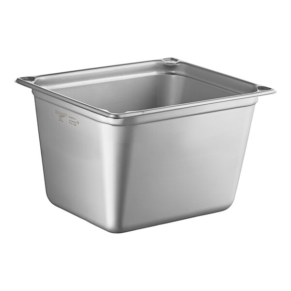 A Vollrath stainless steel 1/2 size transport pan with a lid.