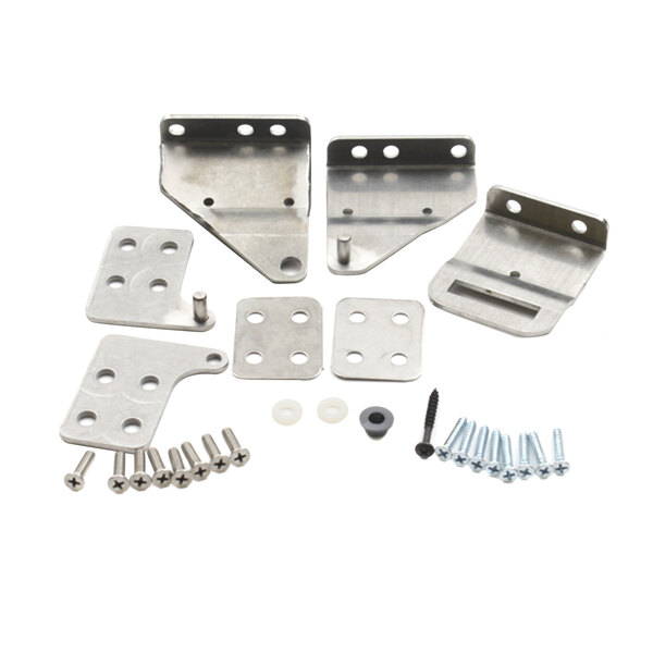 A metal hinge with holes and screws.