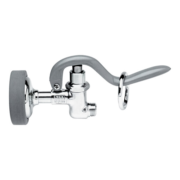 A T&S chrome pre-rinse spray valve with grey and black handles.