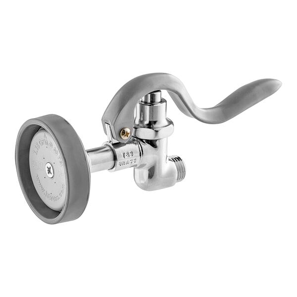 A chrome plated T&S pre-rinse spray valve with a disc and handle.