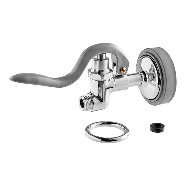 A close-up of a chrome plated T&amp;S pre-rinse spray valve with a handle.