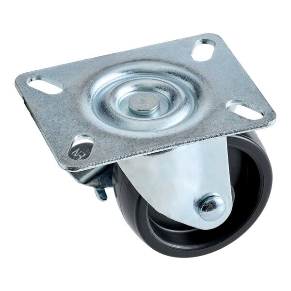 A metal and plastic locking caster wheel with a mounting plate.