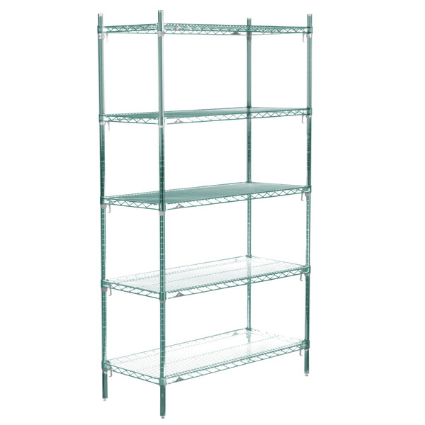 A Metroseal 3 wire shelving unit with four shelves.