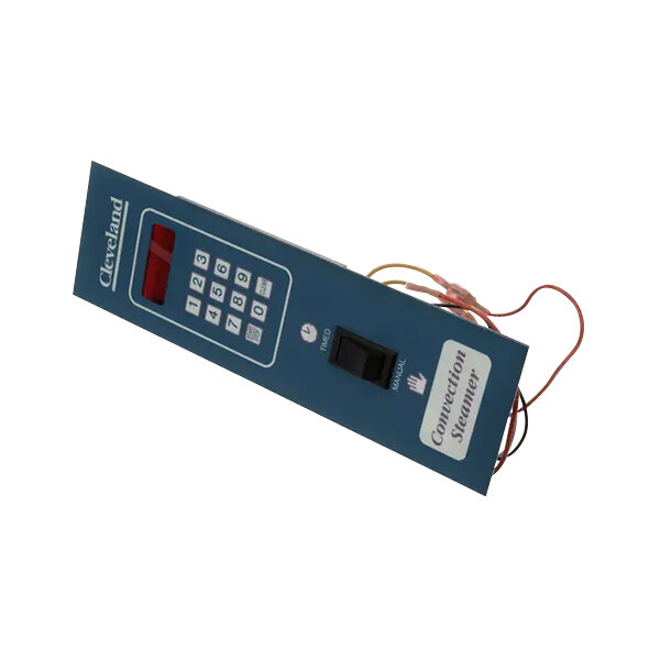 A blue rectangular electronic device with wires and a red button.