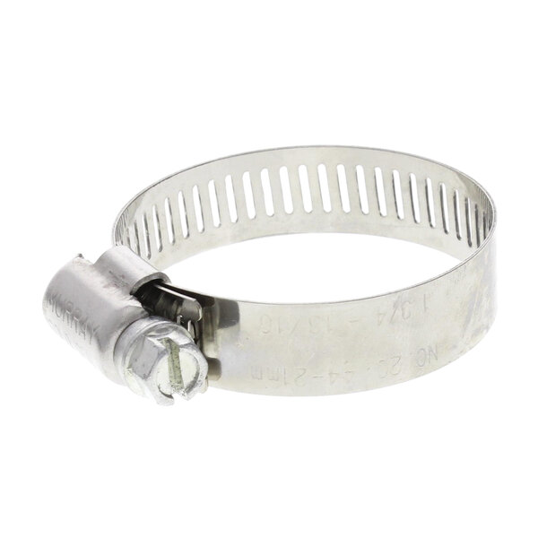 A close-up of a Champion stainless steel hose clamp with a metal screw.