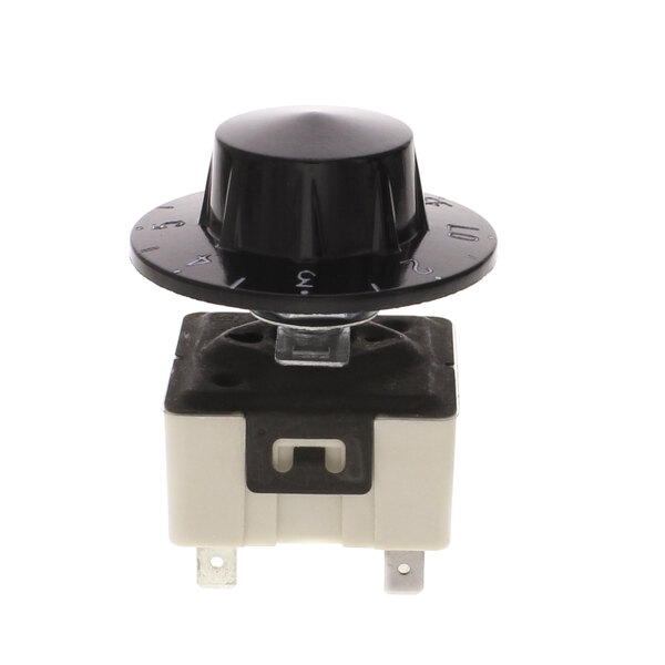 A close-up of a black and white Marshall Air infinite switch with a black knob.