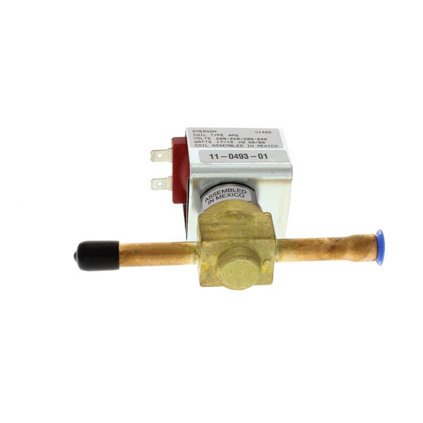 A close-up of a Scotsman hot gas valve with brass fittings and a blue handle.
