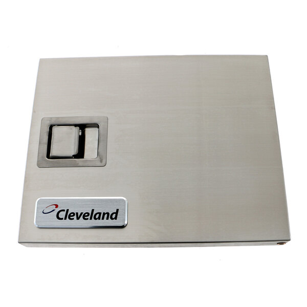 A stainless steel rectangular metal box with the Cleveland logo on it.