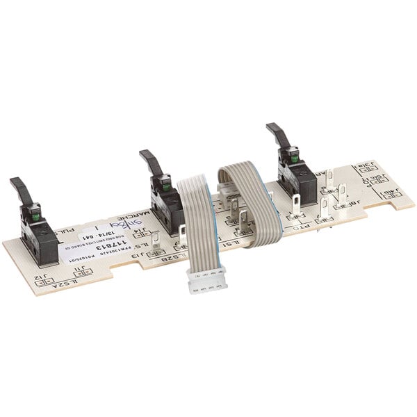 A white circuit board with two connectors and two wires.