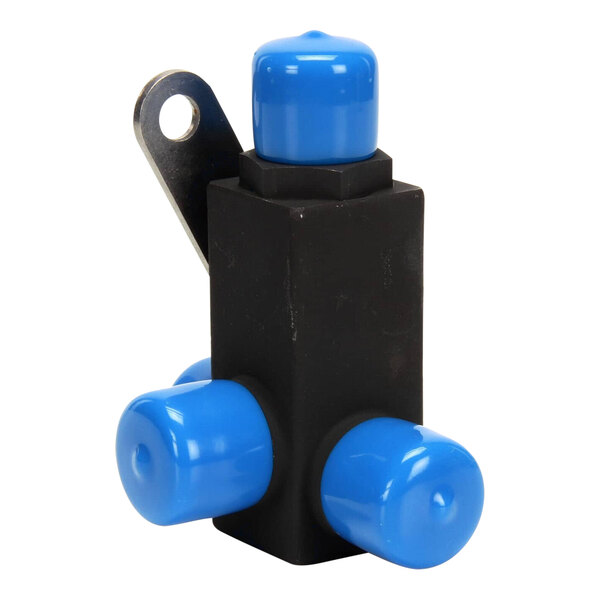 A black and blue plastic Pitco 3-way valve with metal handle.