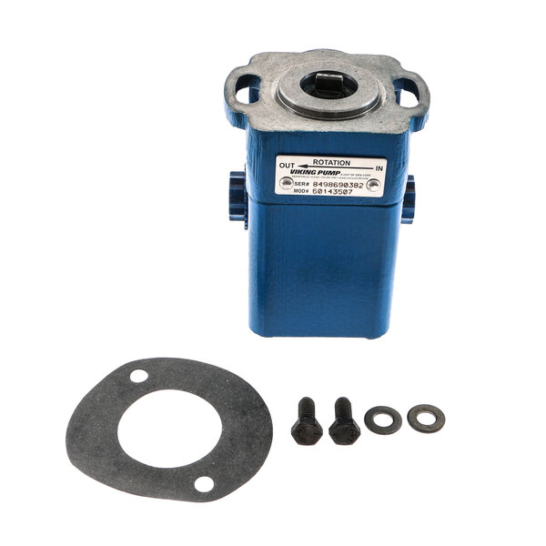 A blue and silver Pitco fryer pump with screws and a metal circle.