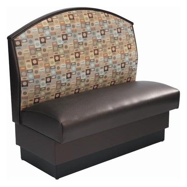 Multicolor patterned back brown cushion fan back restaurant booth with black base
