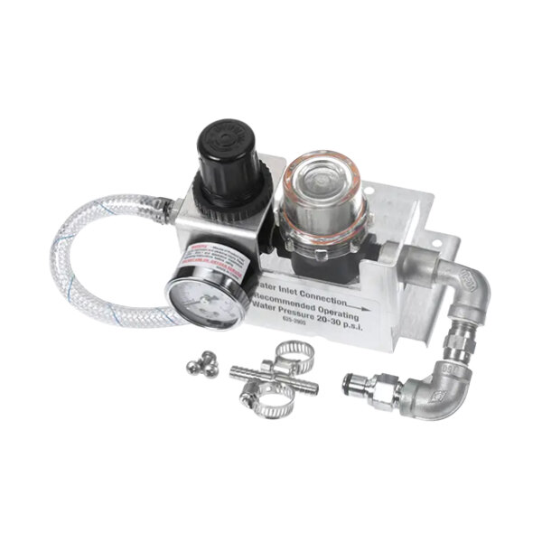 A Prince Castle steam regulator assembly with a strainer, pressure gauge, and hose.