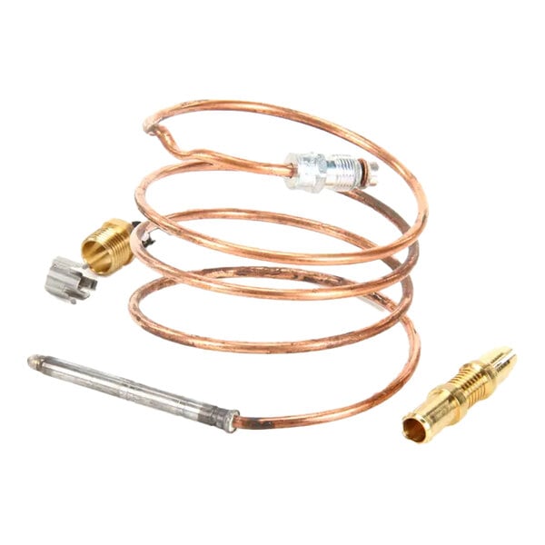 A coiled copper thermocouple with brass fittings and connectors.