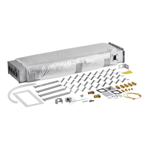 A long rectangular white box with various metal parts inside.