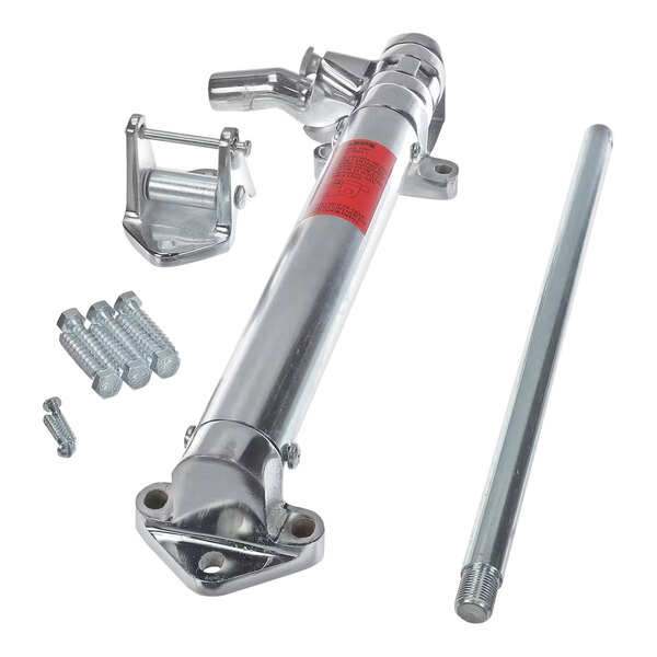 A chrome door closer with mounting hardware and an arm rod.