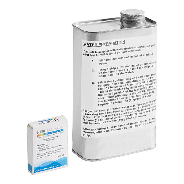 A rectangular metal canister with a screw cap and a label detailing water preparation instructions is shown next to a small box labeled 'Micro Essential Laboratory pH Test Paper.'