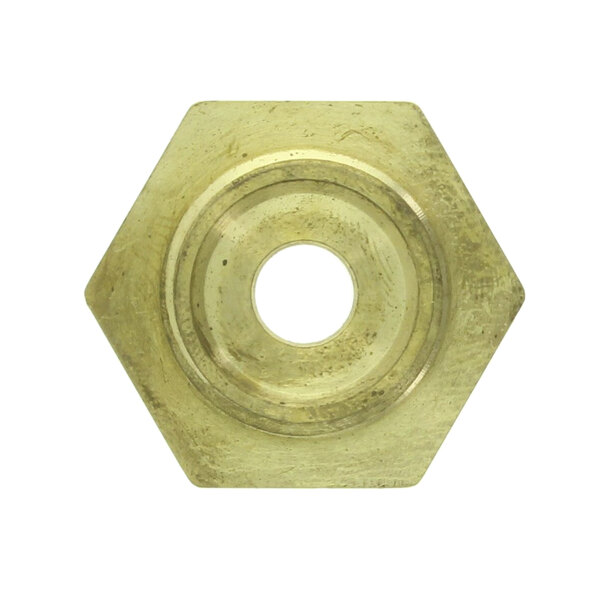 A Market Forge brass circular valve seal with a hexagonal hole in the center.