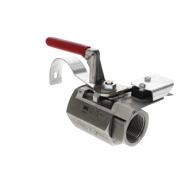 A close-up of a stainless steel Frymaster valve with a red handle.