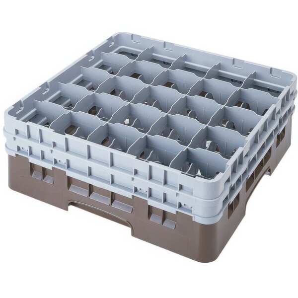 A brown plastic Cambro glass rack with 25 compartments and extenders.